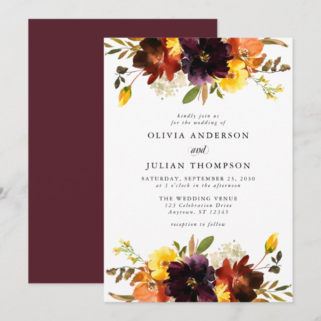 Maroon & Orange Fall Floral Watercolor Wedding Einladung (Vorne/Hinten)