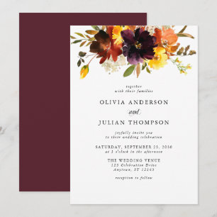 Maroon & Orange Fall Floral Watercolor Wedding Inv Einladung