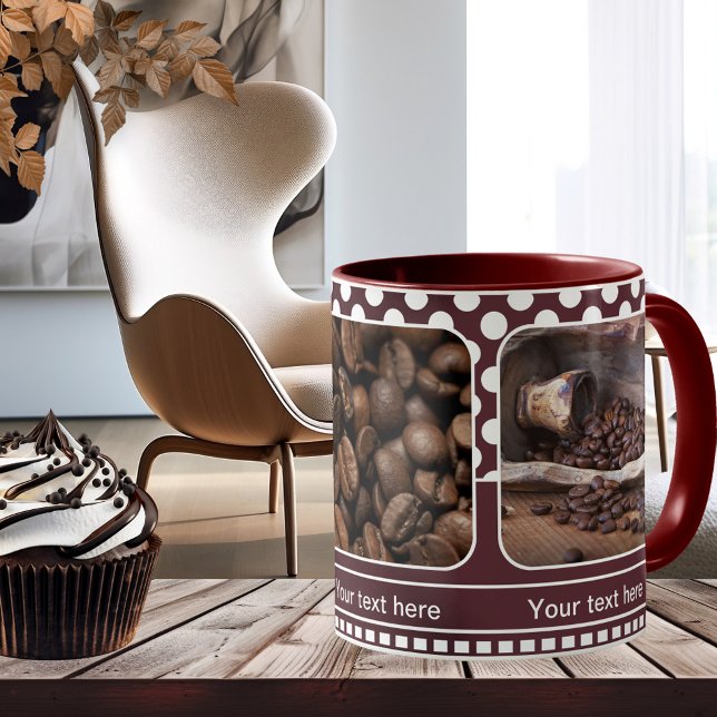 Maroon Personalisiert Foto Rahmen Kaffee Tasse (Photo mug with a coffee theme or your own favorite photos on retro chocolate polka dots)
