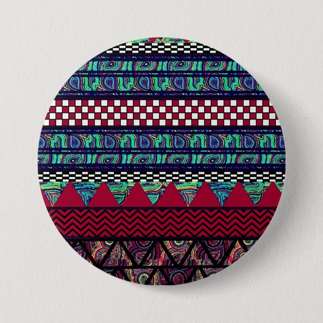 Maroon Pfau Boho-Stammes-Streifenmuster Button (Vorderseite)