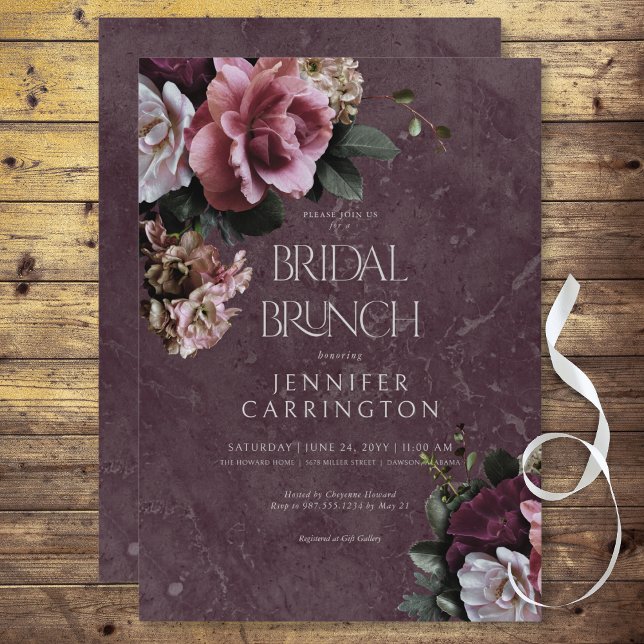Maroon & Pink Floral Modern Bridal Brunch Einladung (Maroon & Pink Floral Modern Bridal Brunch Invitation)