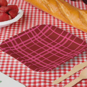 Maroon Pink Karo Gitter Plaid Design Pappteller