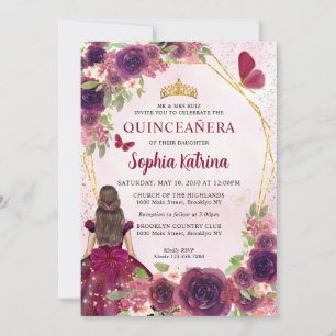 Maroon Plum Red Gold Floral Princess Quinceañera Einladung