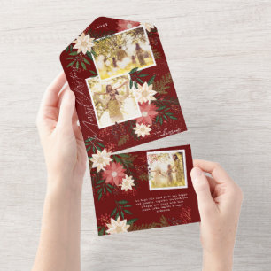 Maroon Poinsettia Foto Collage Frohe Weihnachten All In One Einladung