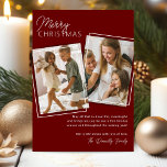 Maroon Red 2 Foto Weihnachten<br><div class="desc">Sie möchten eine persönliche Touch zu Ihrem Urlaub in diesem Jahr hinzufügen? Unsere modernen Weihnachtskarten sind nur das Ticket! Mit einem maroonroten Hintergrund und Platz für nicht ein, sondern zwei Ihrer Lieblings-Fotos, sind diese Karten eine festliche Leinwand für Ihre gepflegten Erinnerungen. Fügen Sie Ihren Familiennamen und eine personalisierte Nachricht hinzu,...</div>