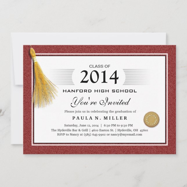 Maroon Red Border Diploma Abschluss & Gold Tassel Einladung (Vorderseite)