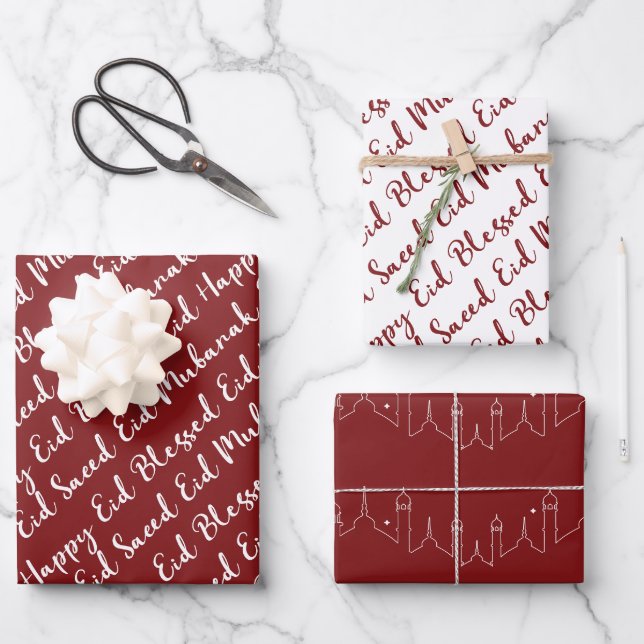 Maroon Red Eid Calligraphy Masjid Muster Design Geschenkpapier Set (Vorderseite)