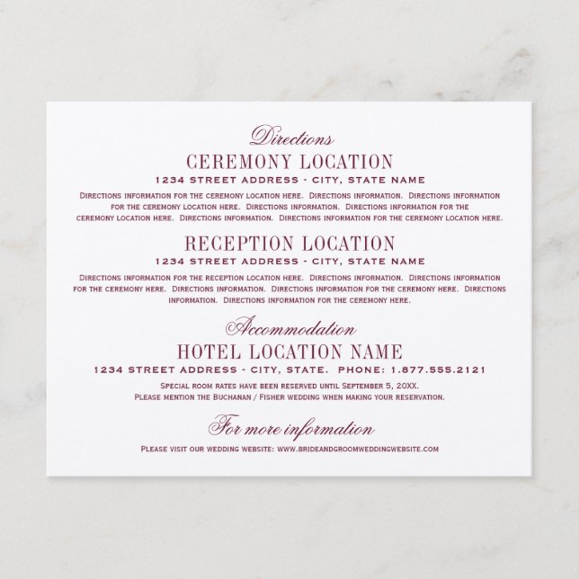 Maroon Red Elegant Hochzeitsinformationen Begleitkarte (Vorderseite)