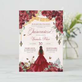 Maroon Red Floral Butterfly Elegant Quinceanera v3 Einladung