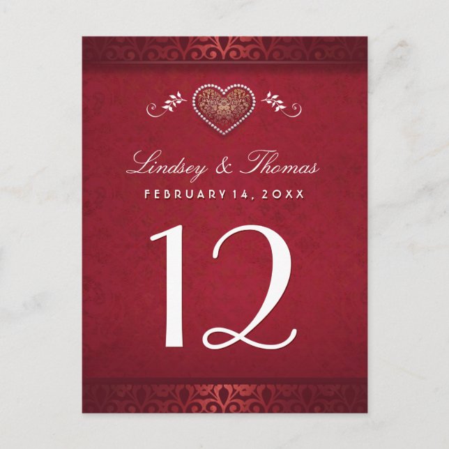 Maroon Red Floral Heart Tischnummer Cards (Vorderseite)