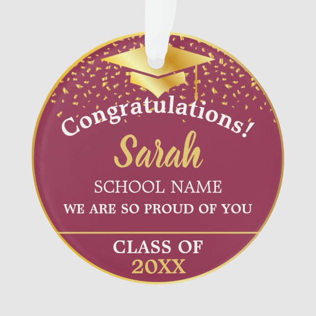 Maroon Red Gold Abschluss Class of 2025 Custom Ornament (Vorderseite)