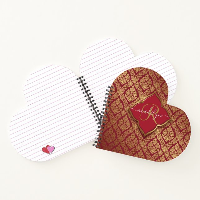 Maroon Red Gold Fleur Damask Muster Monogram Notizbuch (Innenseite)