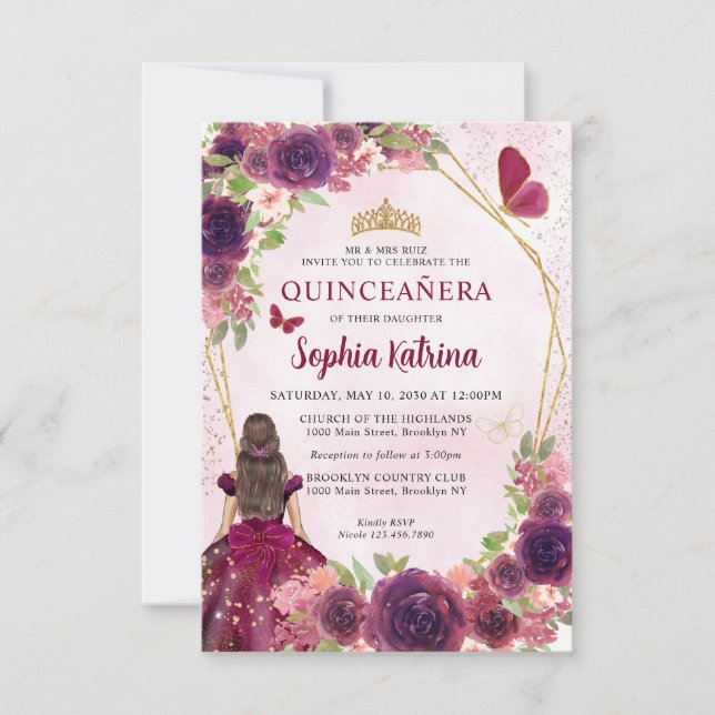 Maroon Red Gold Floral Princess Quinceañera Mitteilungskarte (Vorderseite)