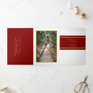 Maroon Red & Gold Moderne Hochzeitssuite Dreifach Gefaltete Einladung