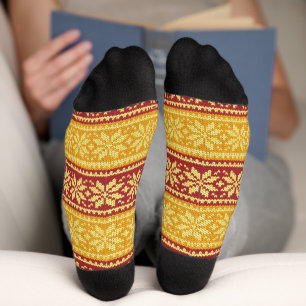 Maroon Red Gold Poinsettia Blume Pattern Socks Socken