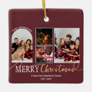 Maroon Red Gold Script Weihnachten Moderne Collage Keramikornament