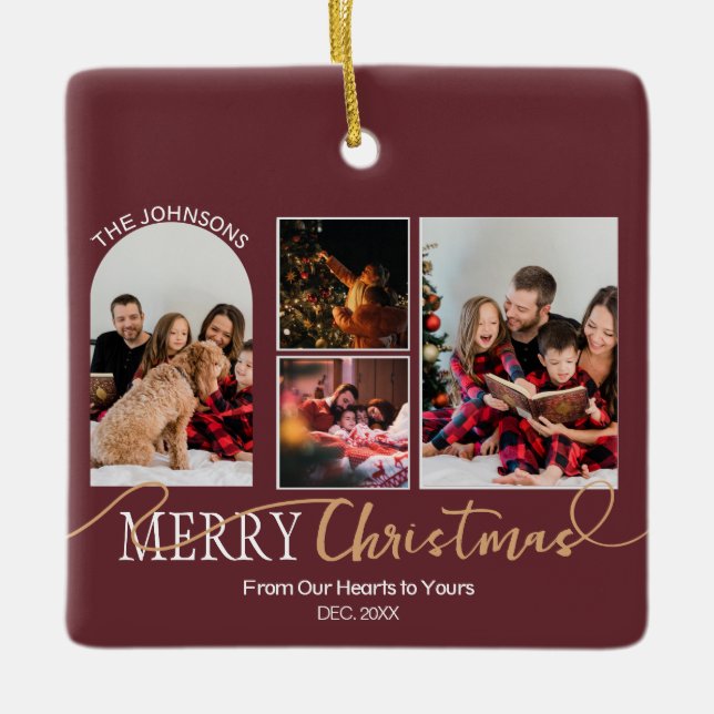 Maroon Red Gold Script Weihnachten Moderne Collage Keramikornament (Vorderseite)