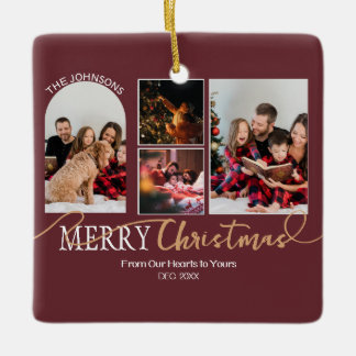 Maroon Red Gold Script Weihnachten Moderne Collage Keramikornament