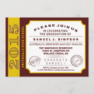 Maroon Red & Gold Ticket Abschluss Einladung
