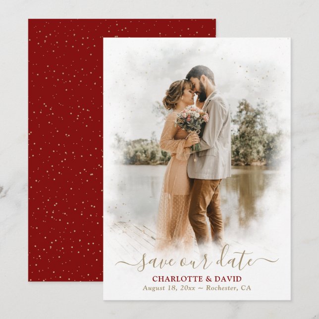 Maroon Red Gold Wedding Foto Rette unsere Date Car Save The Date (Vorne/Hinten)