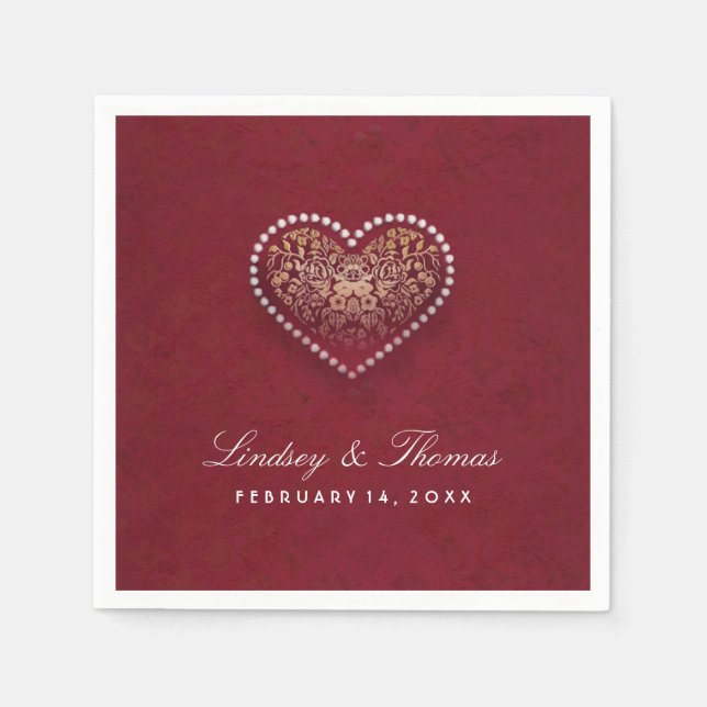 Maroon Red Gold & White Floral Heart Wedding Serviette (Vorderseite)