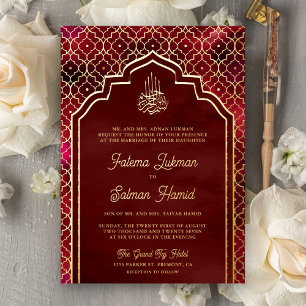 Maroon Red Marokcan Arch Muslim Wedding Gold Folieneinladung