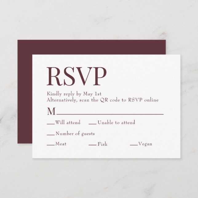 Maroon Red Scan Qr Code Wahlmenü Hochzeit RSVP Karte (Vorne/Hinten)