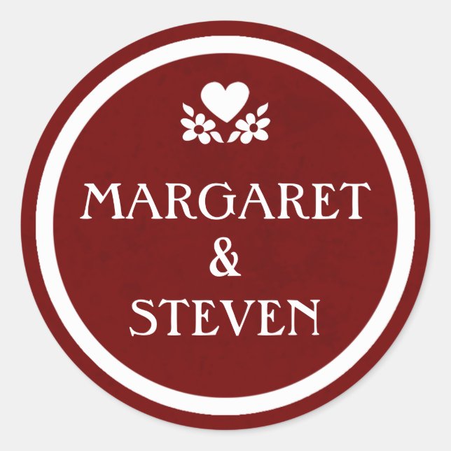 Maroon Red & White Wedcle Circle Name Aufkleber (Vorderseite)