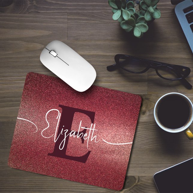 Maroon Rose Glitzer Monogram Name Mouse Pad Mousepad (Von Creator hochgeladen)