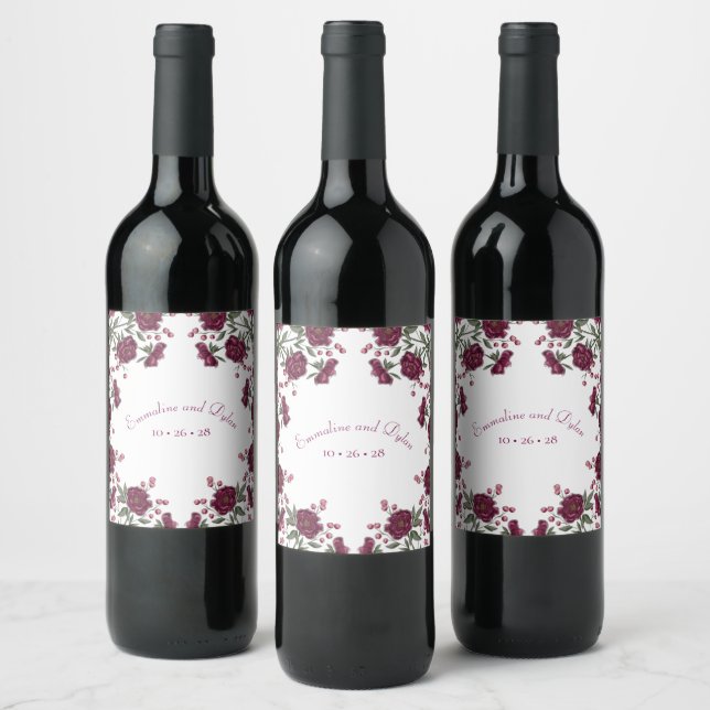 Maroon Rose Hochzeit Weinetikett (Flaschen)