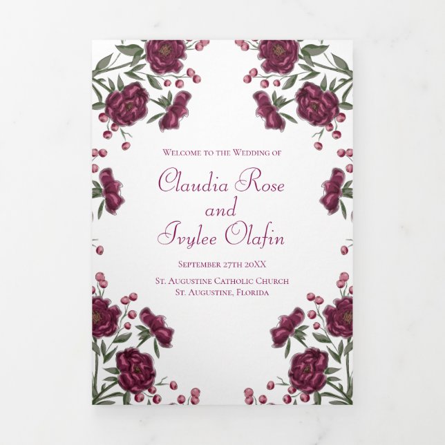 Maroon Rose Wedding Programs Dreifach-gefaltete Programmkarte (Cover)