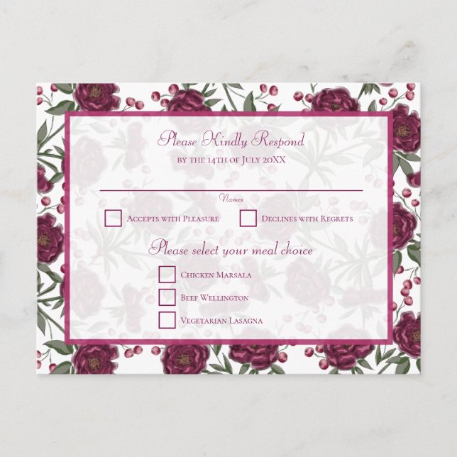 Maroon Rose Wedding RSVP Feiertagspostkarte (Vorderseite)