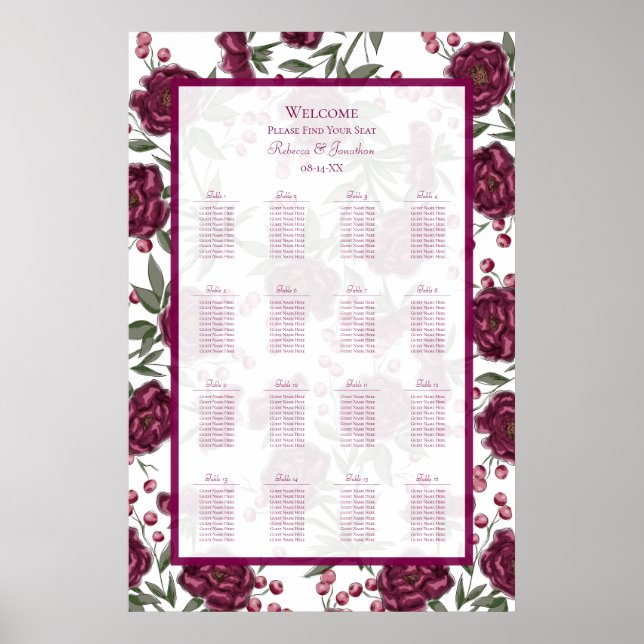 Maroon Rose Wedding Seating Chart Poster (Vorne)