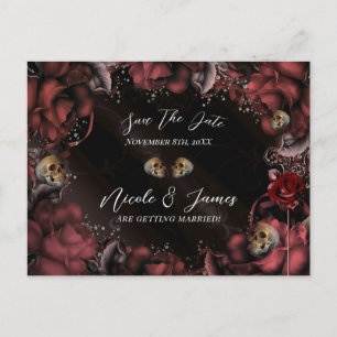 Maroon Rot Rost Rosen Totenköpfe Gothic Hochzeitst Ankündigungspostkarte