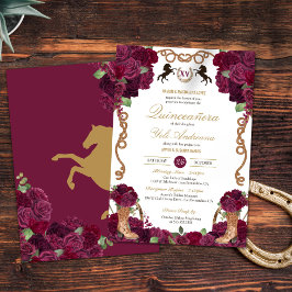 Maroon Rote Rose Floral Western Charra Quinceanera Einladung