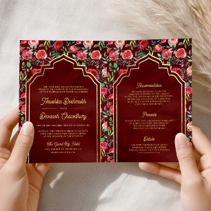 Maroon Rote Rosen Floral Gold Indian Wedding Einladung