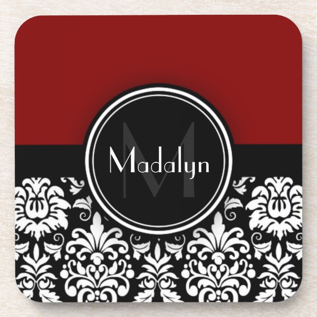 Maroon Schwarz-weiß Damask Monogram Letter Untersetzer (Vorderseite)