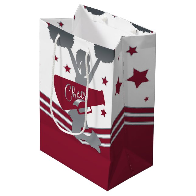 Maroon Silver Stars Cheer Cheer-führendes Party Mittlere Geschenktüte (Vorderseite Schrägansicht)