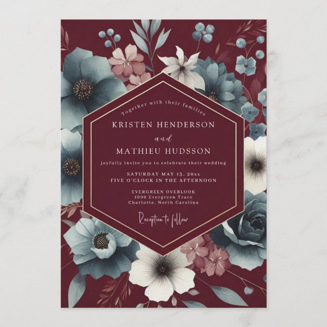 Maroon Slate Somber Bloom Wedding Einladung (Vorderseite)