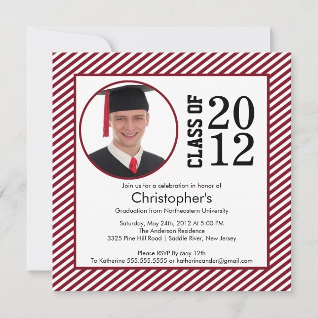 Maroon Stripes moderne Photo Graduation invitation (Devant)