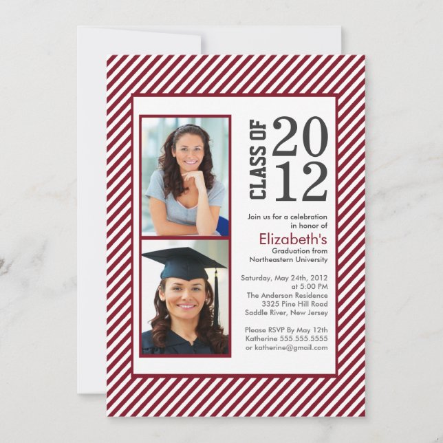 Maroon Stripes moderne Photo Graduation invitation (Devant)