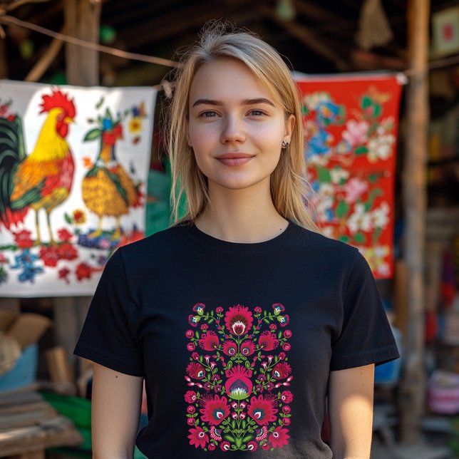 Maroon symmetrisch Folk Wycinanki T-Shirt (Polish folklore t shirt with custom text)