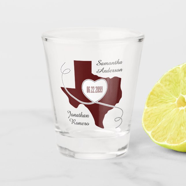 Maroon Texas Curling Ribbon Wedding Date Schnapsglas (Vorderseite)
