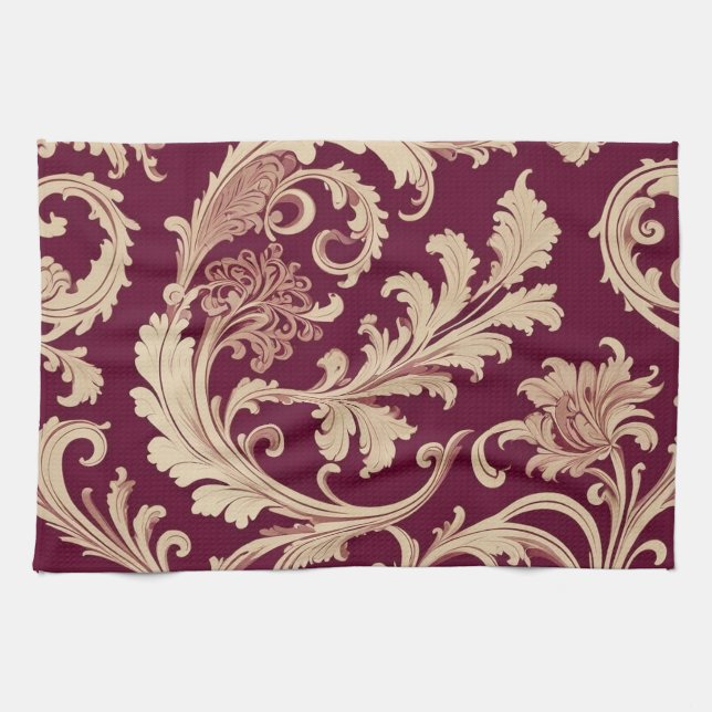 Maroon und Beige Vintages Muster Geschirrtuch (Horizontal)
