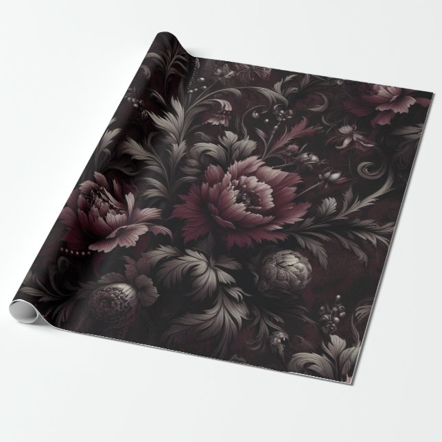 Maroon und Black Floral Geschenkpapier (Ungerollt)