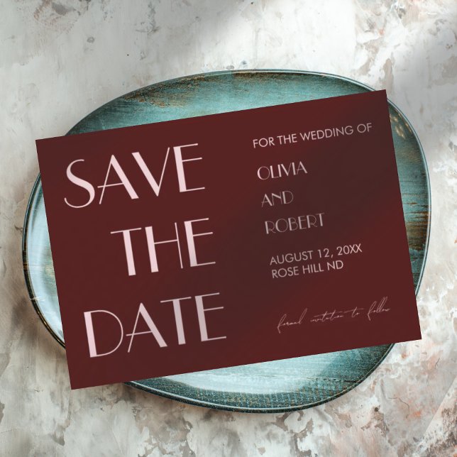 Maroon und blassrosa moderne ästhetische Hochzeit Save The Date (Von Creator hochgeladen)