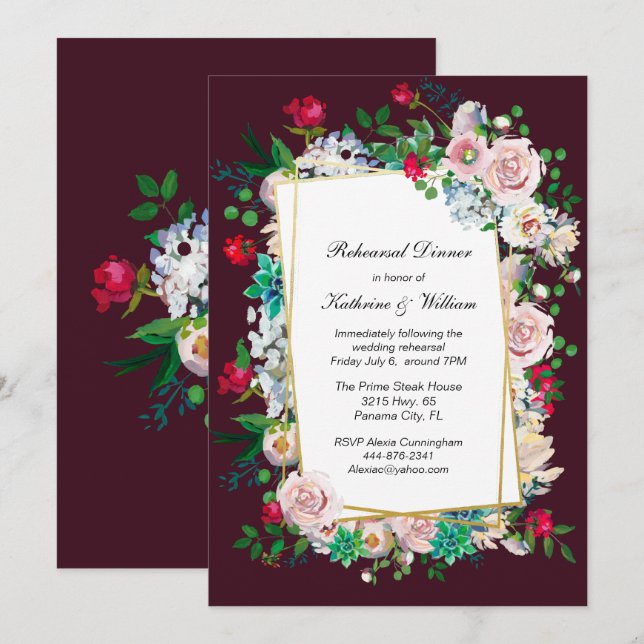 Maroon und Blumenrahmen Hochzeitsessen Probe Einladung (Vorne/Hinten)