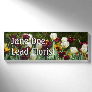 Maroon und Gelbe Tulips farbenfrohe Blumen Namenschild