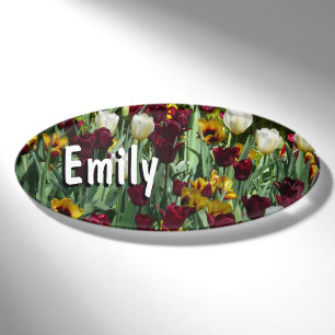 Maroon und Gelbe Tulips farbenfrohe Blumen Namenschild