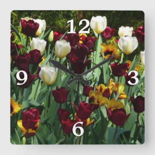 Maroon und Gelbe Tulips farbenfrohe Blumen Quadratische Wanduhr